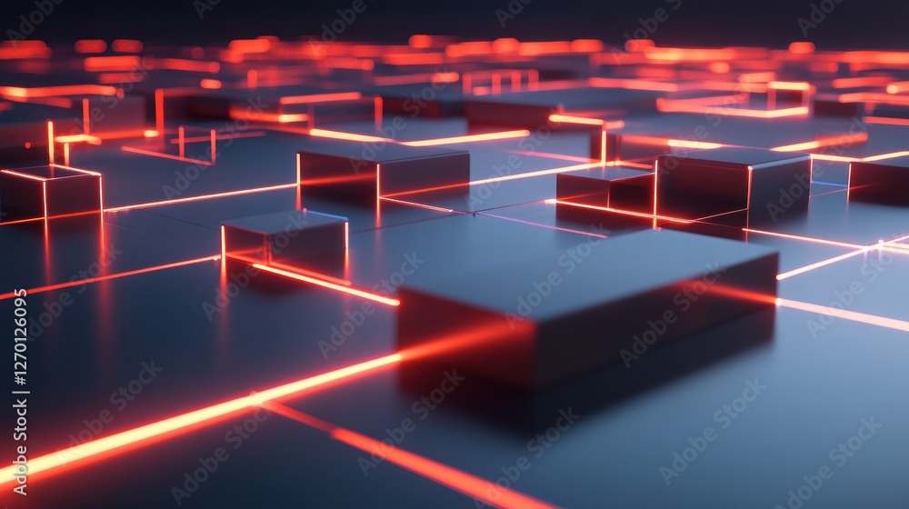 Poster futuristic abstract cubes with red neon lights, grid pattern background