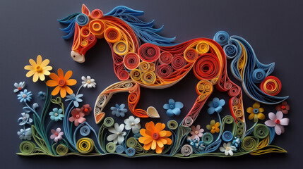 Obraz premium Colorful quilling horse with vibrant flowers on dark background. 2026 year red fiery horse according calendar