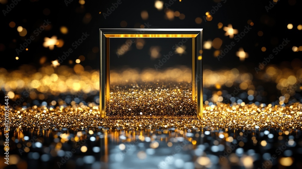 Poster golden frame on glittering surface with floating stars in luxurious abstract scene