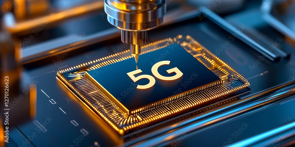 Poster Robotic arm building 5g microchip on motherboard in futuristic factory
