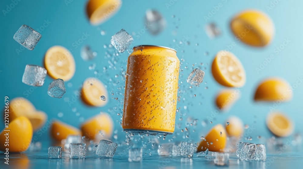 Poster refreshing lemon soda can surrounded by floating ice cubes and lemon slices