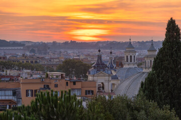 Panoramic view of Rome at sunset from the Pincio Terrace (Terrazza del Pincio). Capitol city of Italy