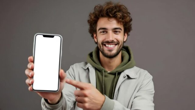 A cheerful young man with curly brown hair holds up a smartphone with a blank screen, showcasing its potential.