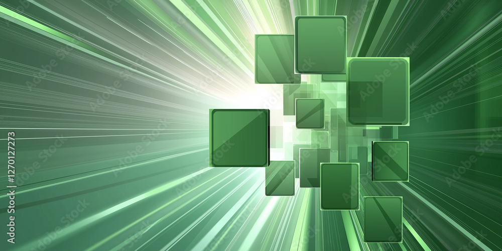 Poster Green squares floating in abstract speed lines background