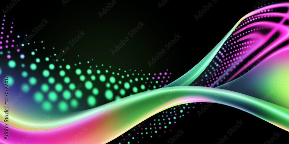 Poster colorful wavy lines flowing over glowing dots on black background