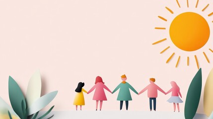 International Friendship Day background with warm colors, people holding hands, and cheerful typography