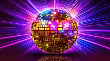 Fototapeta premium Vibrant disco ball with colorful light rays on reflective surface