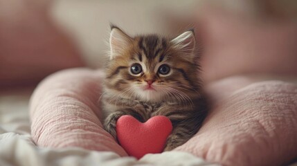 Cute kitten with heart-shaped pillow in cozy setting. The 14th of February. Happy Valentine's Day