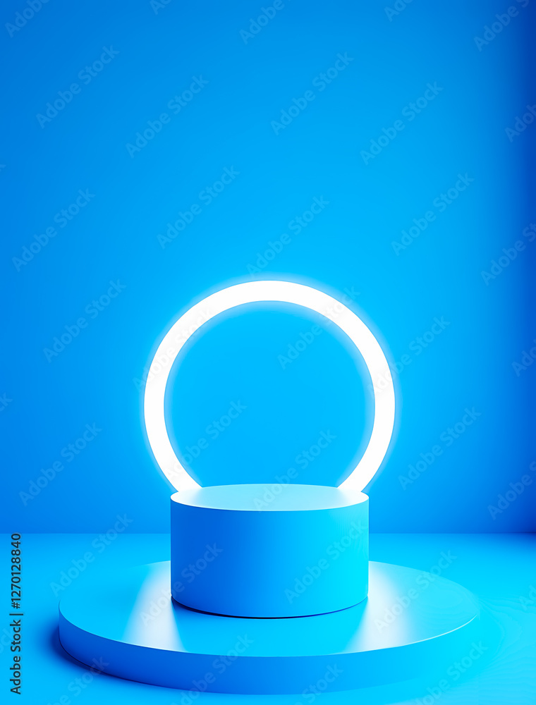 Poster cylindrical platform with glowing white in a blue studio setting