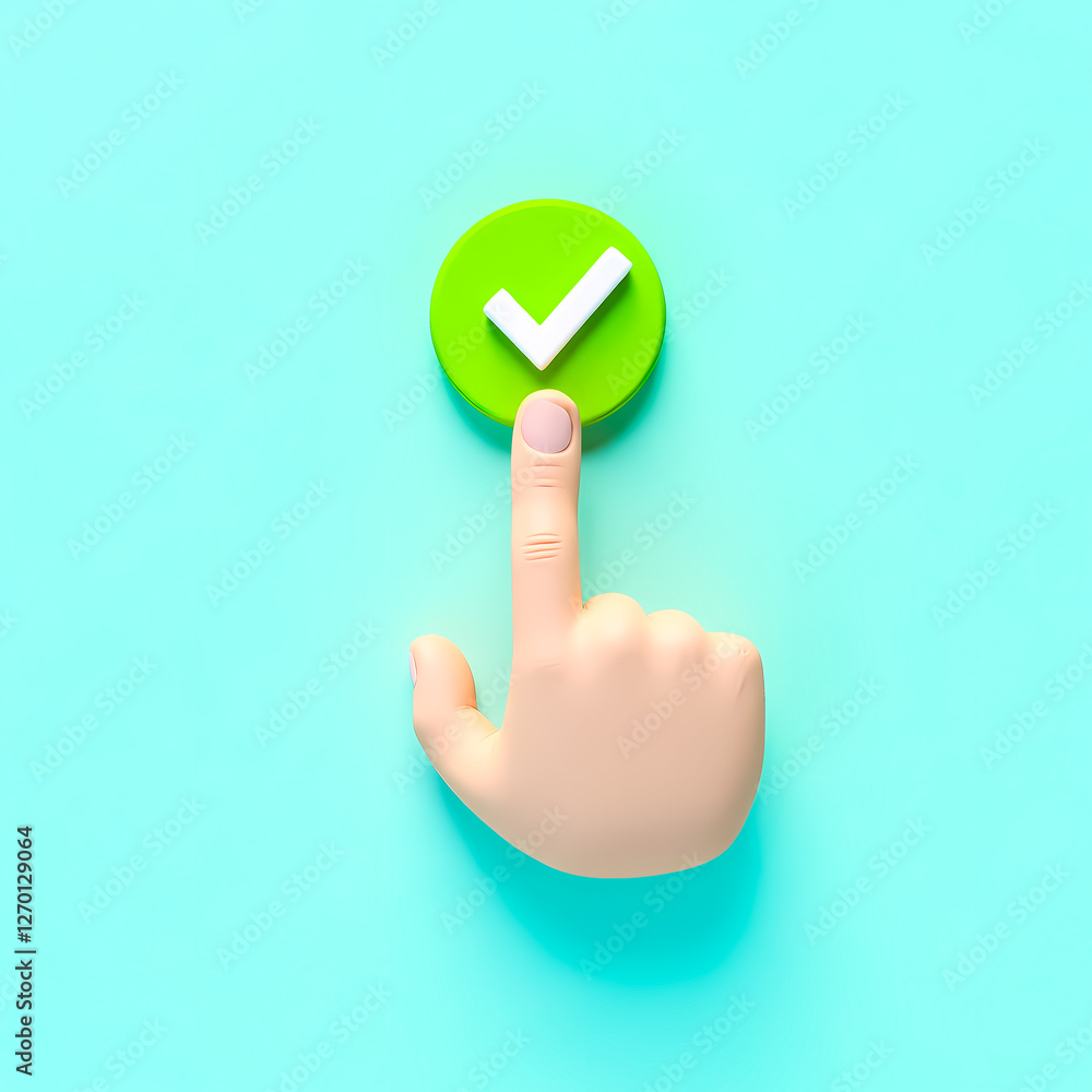 Poster 3d render of a hand pressing a green checkmark button