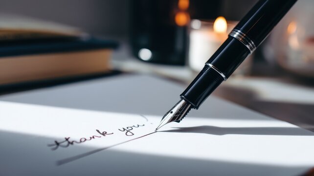 Elegant fountain pen writes thank you on white paper