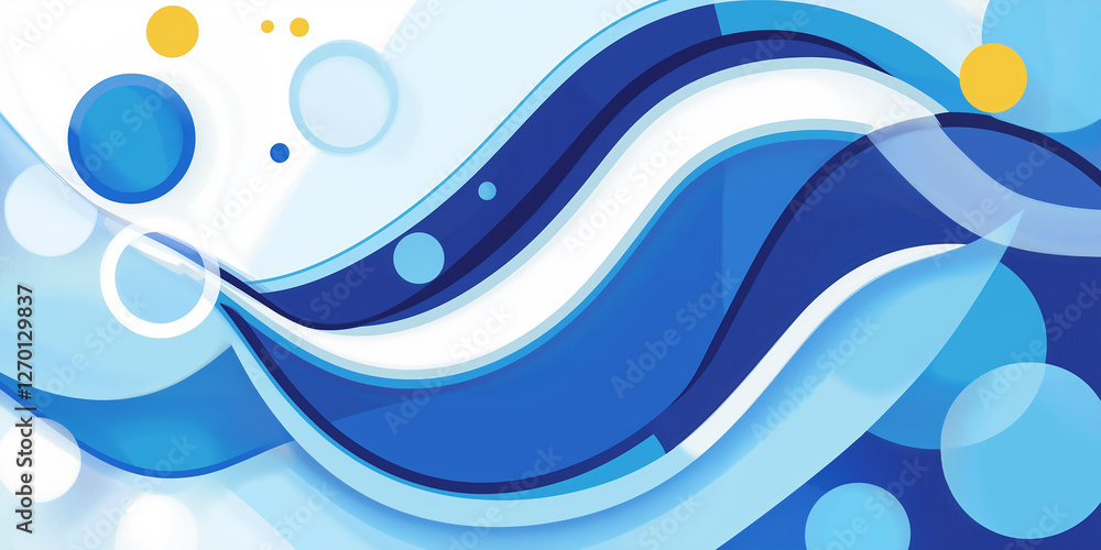 Poster blue and white abstract waves flowing with circles and bokeh effect