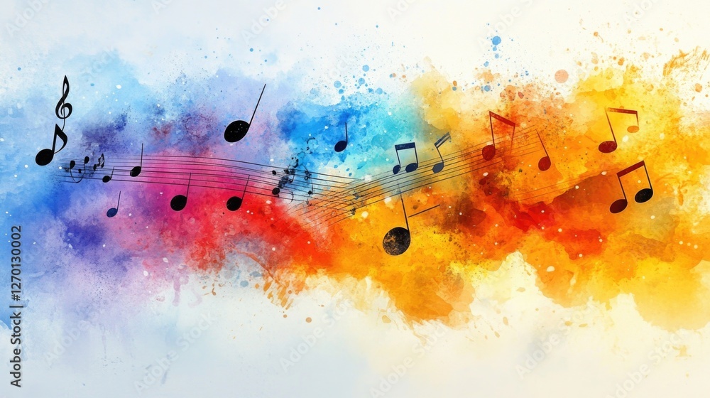 Poster Vibrant abstract music background with colorful notes and splashes