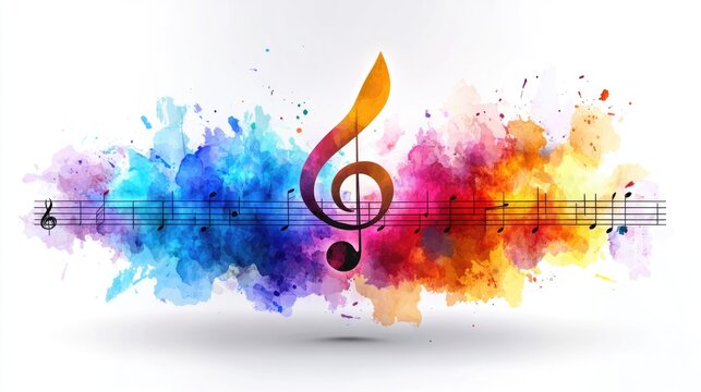 Vibrant watercolor clef with musical notes and colorful splashes