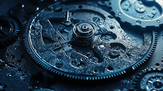 Close-up view of intricate mechanical clockwork gears with a blue hue, highlighting precision engineering