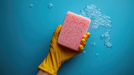 Bright pink sponge with yellow glove on blue background with soapy bubbles