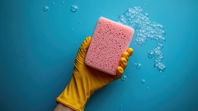 Bright pink sponge with yellow glove on blue background with soapy bubbles - Powered by Adobe
