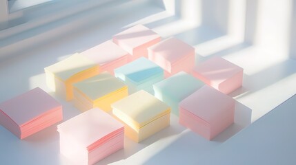 Pastel-colored sticky notes stacked in sunlight.