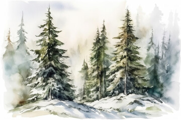 Fototapeta premium Watercolor landscape coniferous forest and morning mist., watercolor painting , Generative AI