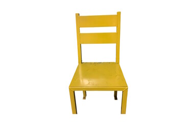 A bright  old and dirty yellow metal chair isolated against white background