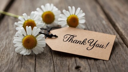 Naklejka premium Daisies resting beside a thank you tag on wood