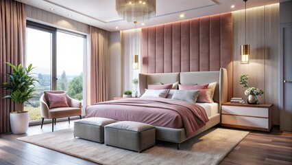 Sleek pink bedroom: modern design meets soft textures for ultimate luxury.