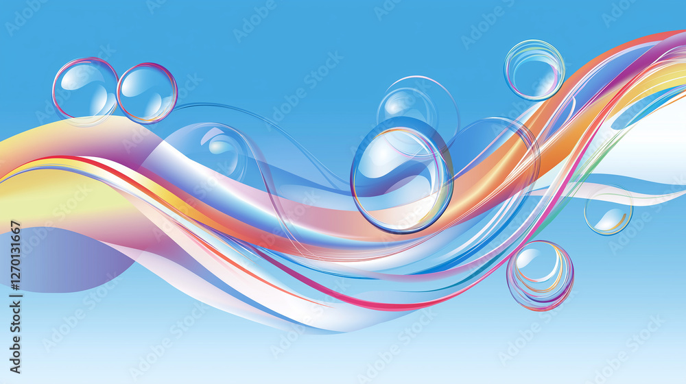Poster colorful abstract waves flowing with transparent bubbles on blue background
