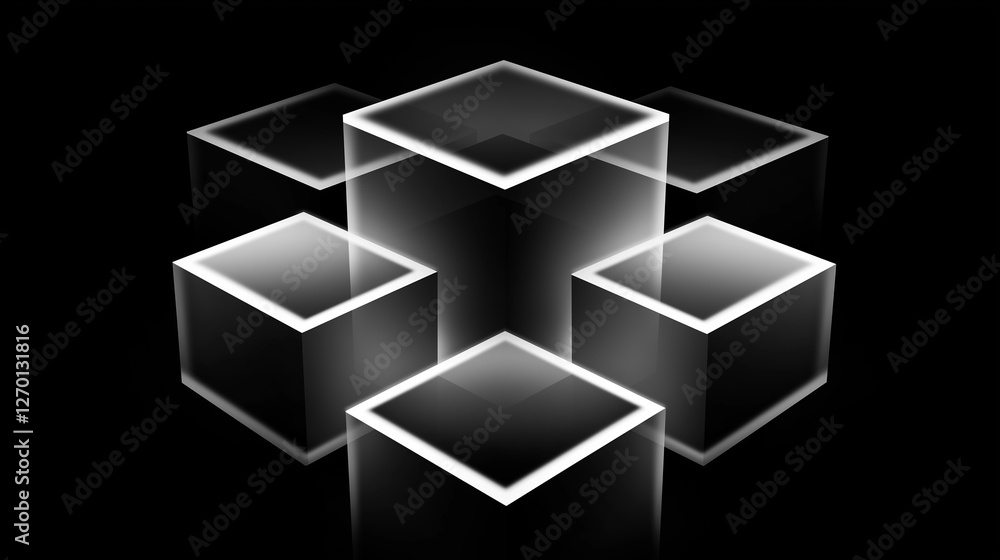 Poster Glowing cubes forming a complex structure on a black background