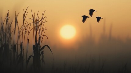 Obraz premium Sunset silhouette of three birds flying over tall grass.