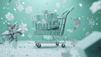 A festive shopping cart filled with gifts surrounded by falling snowflakes in a cheerful setting