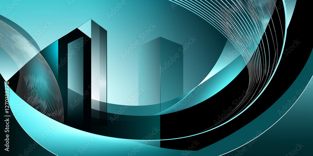 Fototapete Abstract cyan and black background with geometric shapes and lines creating dynamic visual