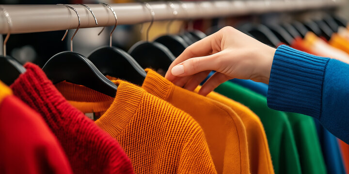 Woman choosing sweater on hanger in fashion store