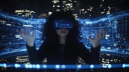 Woman in virtual reality headset interacting with holographic data in a futuristic cityscape