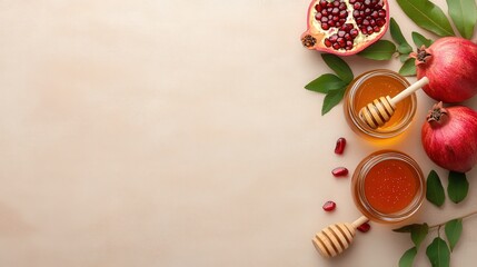 Rosh Hashanah background with honey jars, pomegranates, and festive Jewish holiday symbols