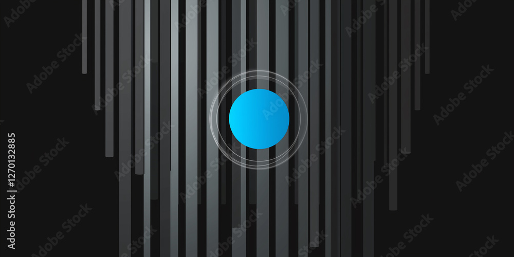Poster blue button on black background with gray vertical stripes and white circles