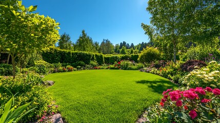Obraz premium Serene Summer Garden Landscape: Lush Green Lawn, Vibrant Flowers, and Towering Trees