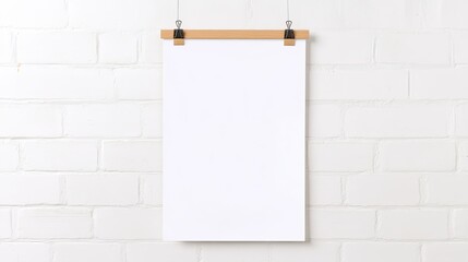 Blank poster hanging on a white brick wall, suitable for advertising or art display