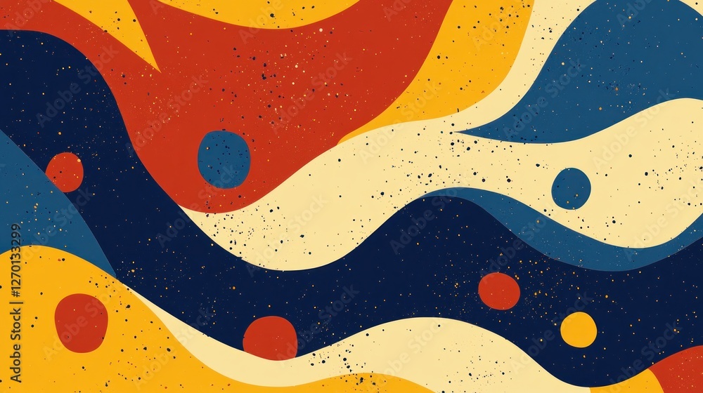 Poster retro inspired abstract art with wavy lines and colorful circles