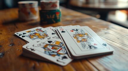 Fototapeta premium Close-up of playing cards and poker chips on a wooden table