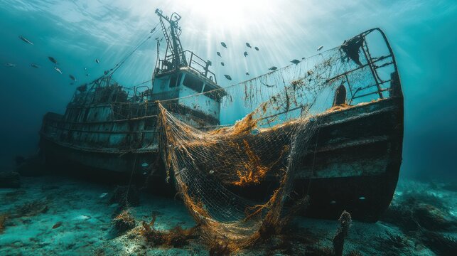 A fishing trawler resting on the seabed, its nets still tangled around the deck. Schools of fish swim through the nets, while crabs and lobsters scuttle across the ship's rusted surface. 