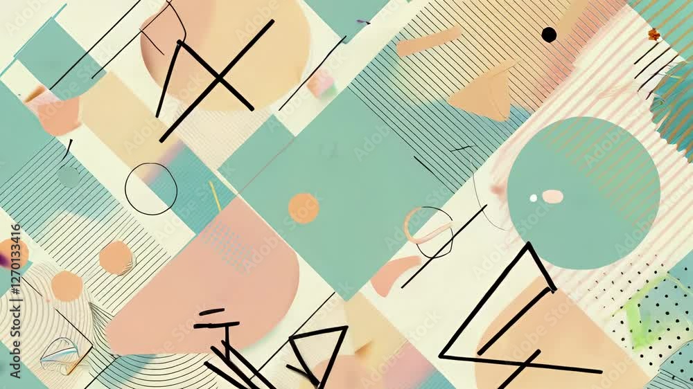 Poster retro memphis style background animation with pastel color geometric shape zigzag line dot and wavy 