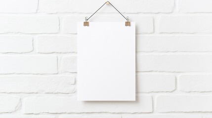 Blank vertical poster hanging on a white brick wall, ideal for customizable art displays