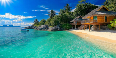 Fototapeta premium Tropical bungalow overlooking pristine turquoise waters and sandy beach
