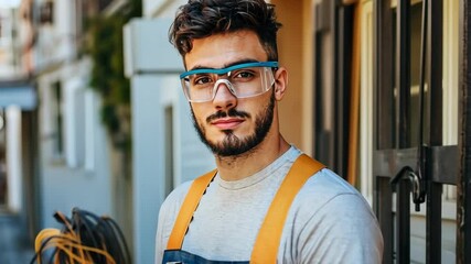 Caucasian young man in work overalls holding electrical cables outdoors