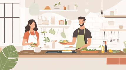 Fototapeta premium Couple cooking healthy food together in a modern kitchen illustration