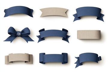 Set of blue and beige ribbons and banners with shadows on white background