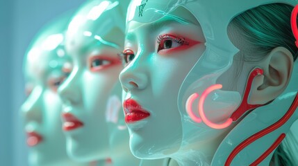 Futuristic Cyberpunk Women AI Robots  Neon Lights  Red Lips  Digital Art