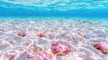 Fototapeta premium Underwater sandy seabed, sunlit shallows, tropical ocean, tranquil scene, travel brochure