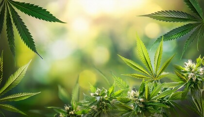 Lush cannabis plants with vibrant green leaves and white flowers bloom in soft, bokeh-filled light