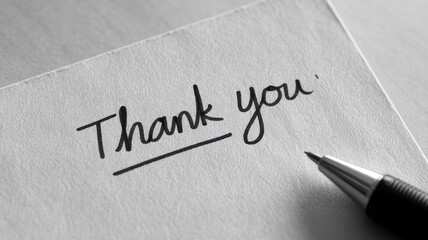 A handwritten thank you note with a pen nearby